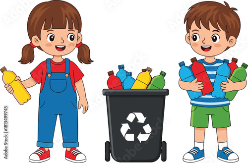 Children recycling plastic bottles in bin, eco awareness, environmental education, waste sorting activity, flat vector illustration