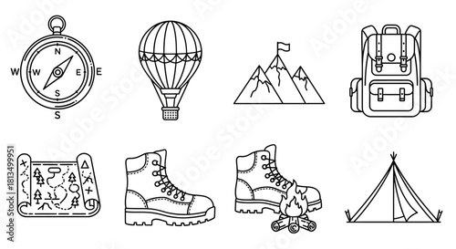 Vector icon set for outdoor adventure, camping, and hiking themes featuring a backpack, map, and mountains illustration