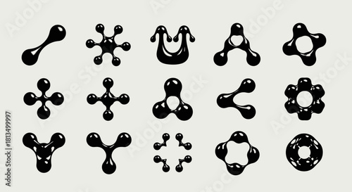 A collection of three-dimensional abstract black metaball shapes, glossy icons symbolizing molecules, and data network atoms