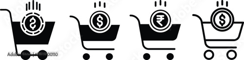 Shopping cart icon set. Shopping trolley in outline. Web cart in line. Shop symbol in black. Trolley icon. Stock vector illustration.A simple line art illustration of a shopping cart. 
