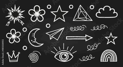 Whimsical set of hand-drawn chalk style doodles and symbols on a dark chalkboard background. A vector collection of sketchy icons and elements