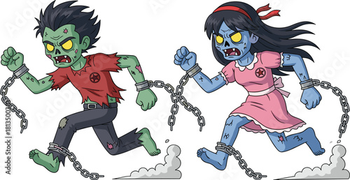 Cartoon zombie characters running, spooky escape, Halloween theme, undead duo, broken chains, dynamic pose, scary vector, horror illustration, glowing eyes, flat vector illustration