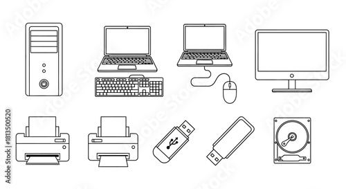 A comprehensive set of computer hardware and office equipment icons, featuring laptops, printers, and storage devices in a clean line art style