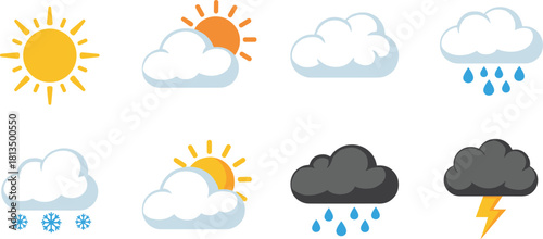 Weather icons set, sunny, cloudy, rainy, snowy, thunderstorm, flat design, forecast symbols, climate graphics, vector illustration, minimal style, modern look,  flat vector illustration