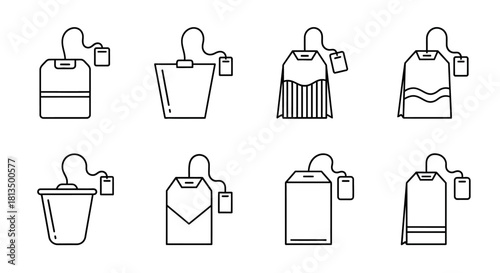 A versatile collection of tea bag outline icons. A minimalist linear graphic set with various shapes for beverage and drink concepts