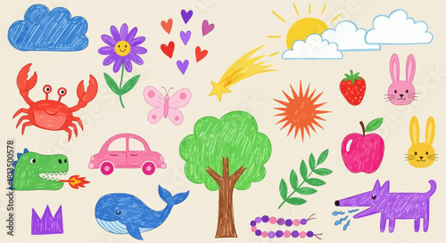 A cute and colorful collection of children's crayon drawings featuring whimsical doodles of animals, nature, and fun objects for scrapbooking