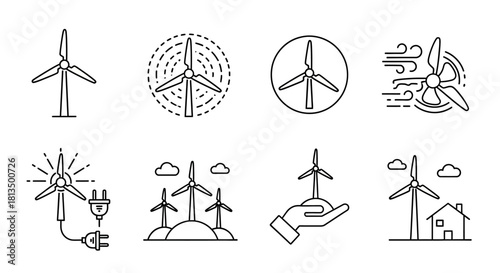 A collection of outline wind turbine icons representing renewable energy sources and sustainable power generation technology