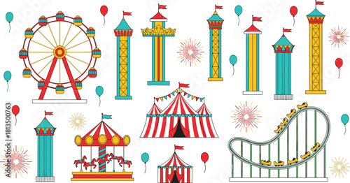 Amusement park with Ferris wheel, roller coaster, carousel, circus tents, fireworks, festive attractions, flat vector illustration