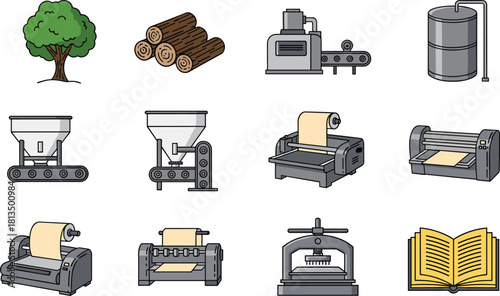 Paper manufacturing process from tree to book, industrial steps, pulp to print, educational infographic, flat vector illustration