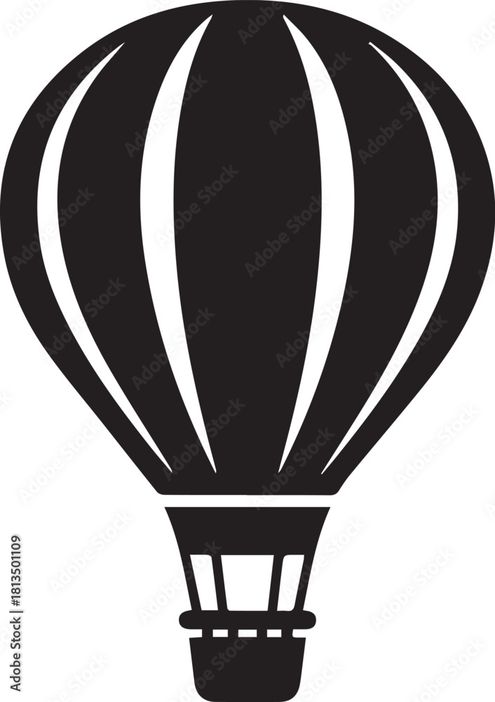 Fototapeta premium Soaring Silhouettes: An isolated, black and white depiction of a classic hot air balloon floats freely, hinting at adventure and exploration in the wide-open sky.