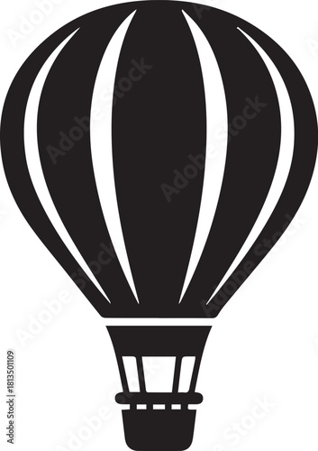 Soaring Silhouettes: An isolated, black and white depiction of a classic hot air balloon floats freely, hinting at adventure and exploration in the wide-open sky.