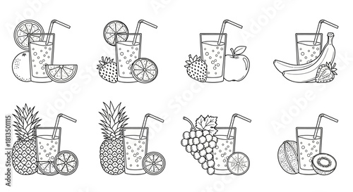 Set of fresh fruit juice icons in black and white line art. Vector collection of healthy summer drinks like orange, strawberry, and pineapple