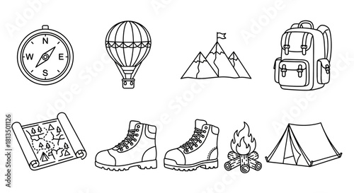 A collection of monochrome outline icons representing outdoor adventure, camping, and hiking gear for travel and exploration themes