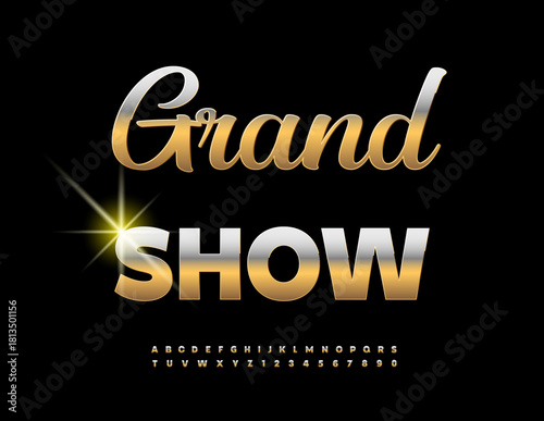 Vector Luxury invitation Grand Show. Gold Metallic Font. Chic set of Excellent Alphabet Letters and Numbers 