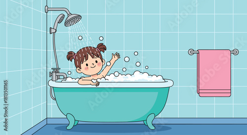 Child taking bath in turquoise tub, playful bathroom scene, soap bubbles, shower spray, hygiene moment, flat vector illustration
