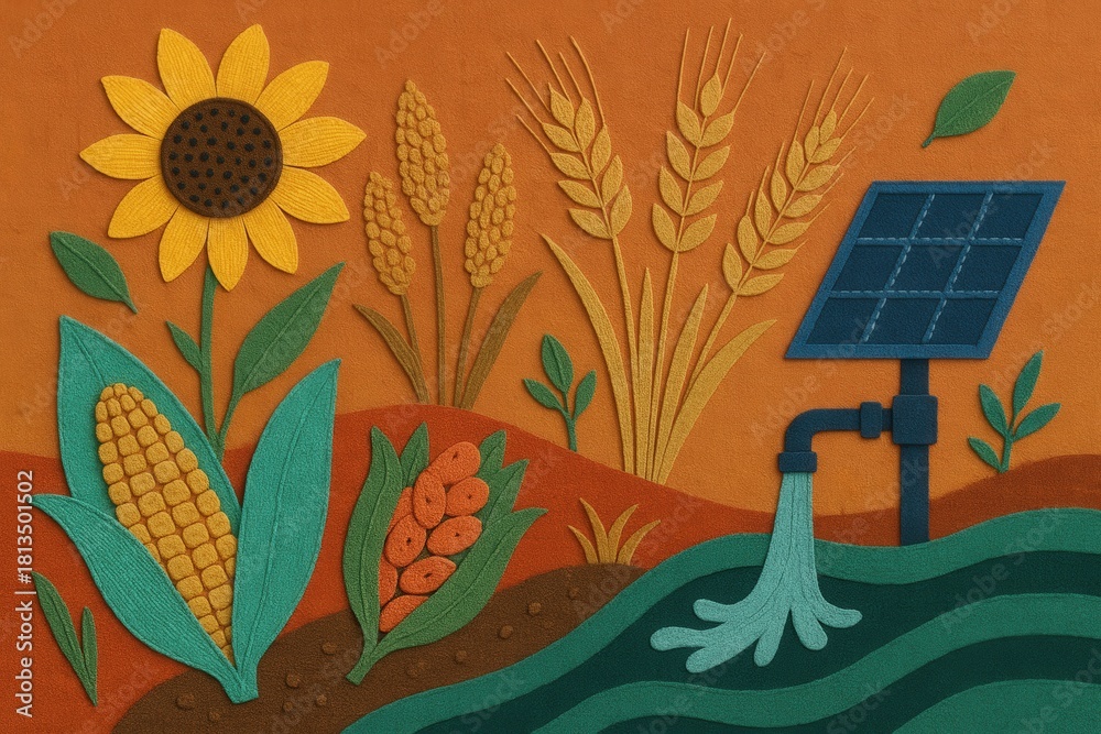 Fototapeta premium Ecological Farming Integration with Renewable Energy Using Sustainable Practices to Enhance Crop Yield Featuring Sunflower Corn and Solar Technology