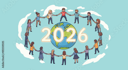Join hands for a sustainable 2026, a world united by hope and global harmony, illustrated with diverse people and a glowing Earth in a promising future