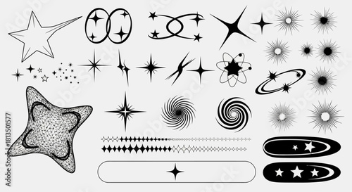 Abstract geometric shapes and retro futuristic star symbols collection. A set of monochrome vector graphic elements with sparkles and swirls