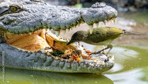 Bird Taking Advantage of Crocodile's Open Mouth for Food in a Unique Wildlife Scene