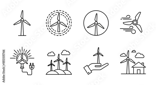 A versatile collection of thin line wind turbine icons illustrating concepts of renewable energy, sustainability, and clean power technology