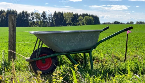 Green Wheelbarrow on Lush Green Field Under Bright Blue Sky with Fluffy Clouds and Forested Background