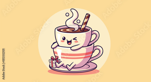 Cartoon coffee cups with winking face steam and gift illustration