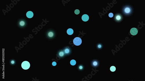 A mesmerizing dance of teal and blue orbs against a stark black canvas, creating a captivating and ethereal cosmic display of light and color