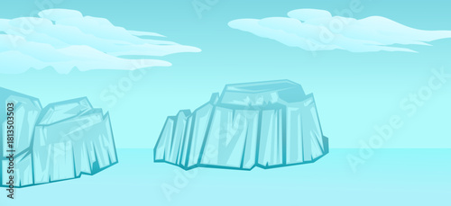 Arctic glacier landscape. Illustration of a rising iceberg. Global warming. Icebergs floating, drifting, and melting. Panorama of Antarctica, cold ocean water and beautiful clouds.