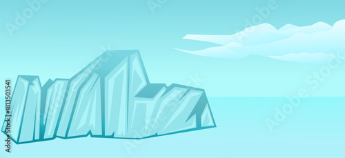 Arctic glacier landscape. Illustration of a rising iceberg. Global warming. Icebergs floating, drifting, and melting. Panorama of Antarctica, cold ocean water and beautiful clouds.