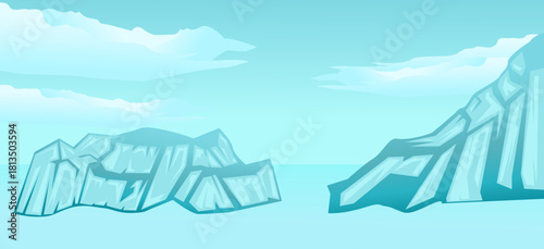 Arctic glacier landscape. Illustration of a rising iceberg. Global warming. Icebergs floating, drifting, and melting. Panorama of Antarctica, cold ocean water and beautiful clouds.