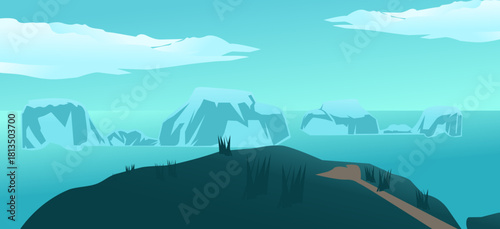 Iceberg view. Hilltop illustration. Travel, global warming, and nature concepts. Beautiful natural panorama and the sky above the iceberg.