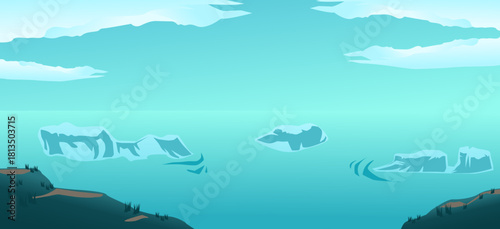 Iceberg view. Hilltop illustration. Travel, global warming, and nature concepts. Beautiful natural panorama and the sky above the iceberg.
