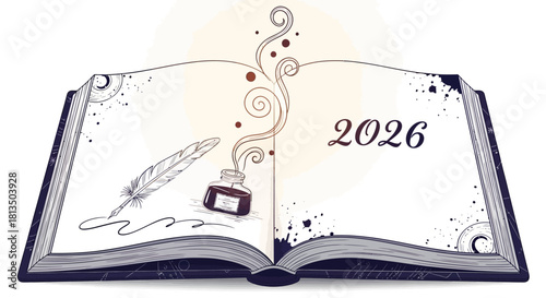 Open book with feather quill and inkwell invites you to write your 2026 story, planning for a bright future with fresh goals and creative ideas