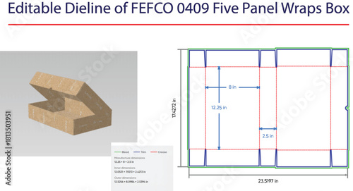 FEFCO 0409 Five Panel Wrap Box Dieline and 3D Model