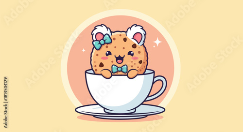 Cartoon cookie character inside teacup illustration for various design projects