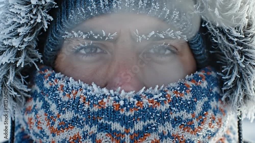 Extreme Close Up of Frost Covered Face in Harsh Winter Cold Showing Ice Crystals, Frozen Eyelashes, Breath Vapor and Intense Survival Atmosphere