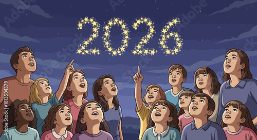 Diverse families gaze at 2026 year spelled in stars, hope and dreams for the future, illustration of community optimism and togetherness in the night sky