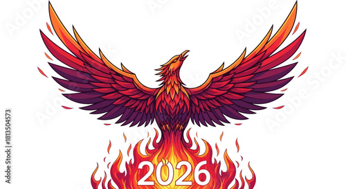 Vibrant phoenix rising from flames in 2026 design symbolizing rebirth, transformation, and a powerful future for branding and motivational visuals