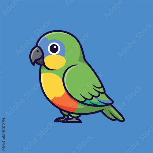 A cute blue and yellow tropical macaw parrot is perched on a tree branch, featuring colorful feathers and a beak