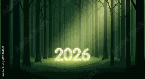 Enchanted forest with luminous 2026, envisioning future goals, magical realism, new year's resolution, celebrating a brighter tomorrow, fantasy woodland