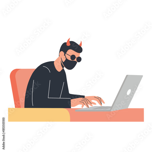 Illustration of an Anonymous Hacker with Mask Using Laptop—Cyber Crime Concept. Element design. Clip art. Vector illustration. Suitable for artwork design.