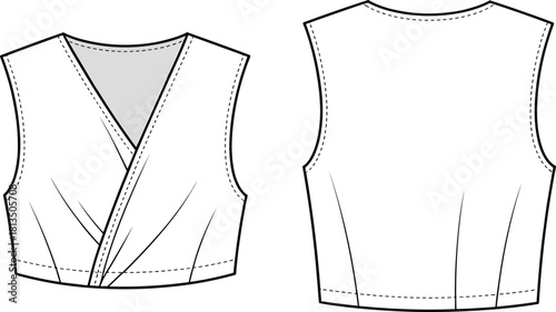 “Stylish wrap front sleeveless blouse technical fashion flat, detailed cad drawing flat vector illustration for garment design and apparel production”