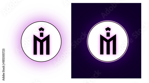 Digital abstract logo symbol featuring a white circular design with pink neon glow on split black and purple backgrounds