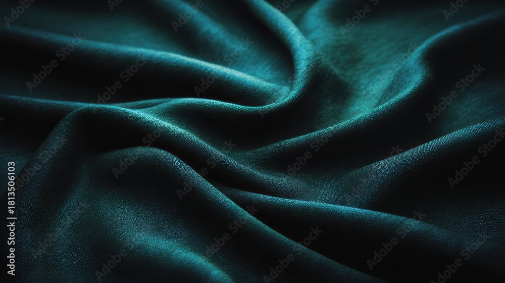 Fototapeta premium Elegant dark teal silk fabric with soft waves and textures.