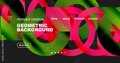 Dynamic colorful layers create modern website header. Bright pink, green hues dominate design, text overlay present.