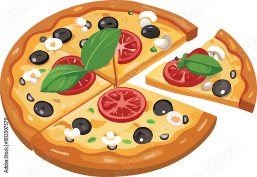 A delicious cartoon pizza with tomato olives and basil a slice removed