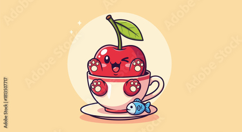 Cartoon cherry character in teacup illustration with cheerful expression