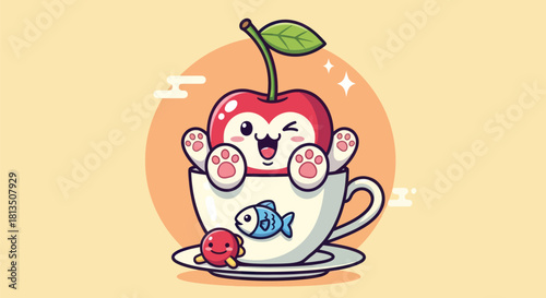 Cartoon cherry character in teacup with fish emblem vector illustration