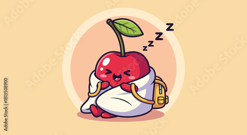 Cartoon cherry character sleeping with blanket and backpack on beige background