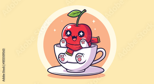 Cartoon cherry character wearing scarf and sitting in a teacup illustration